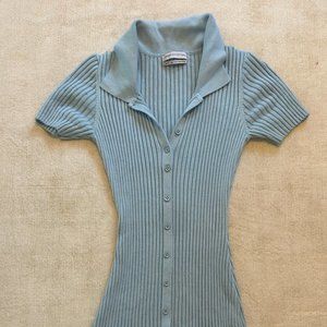OU Blue Mini Dress Button Up Short Sleeve Ribbed